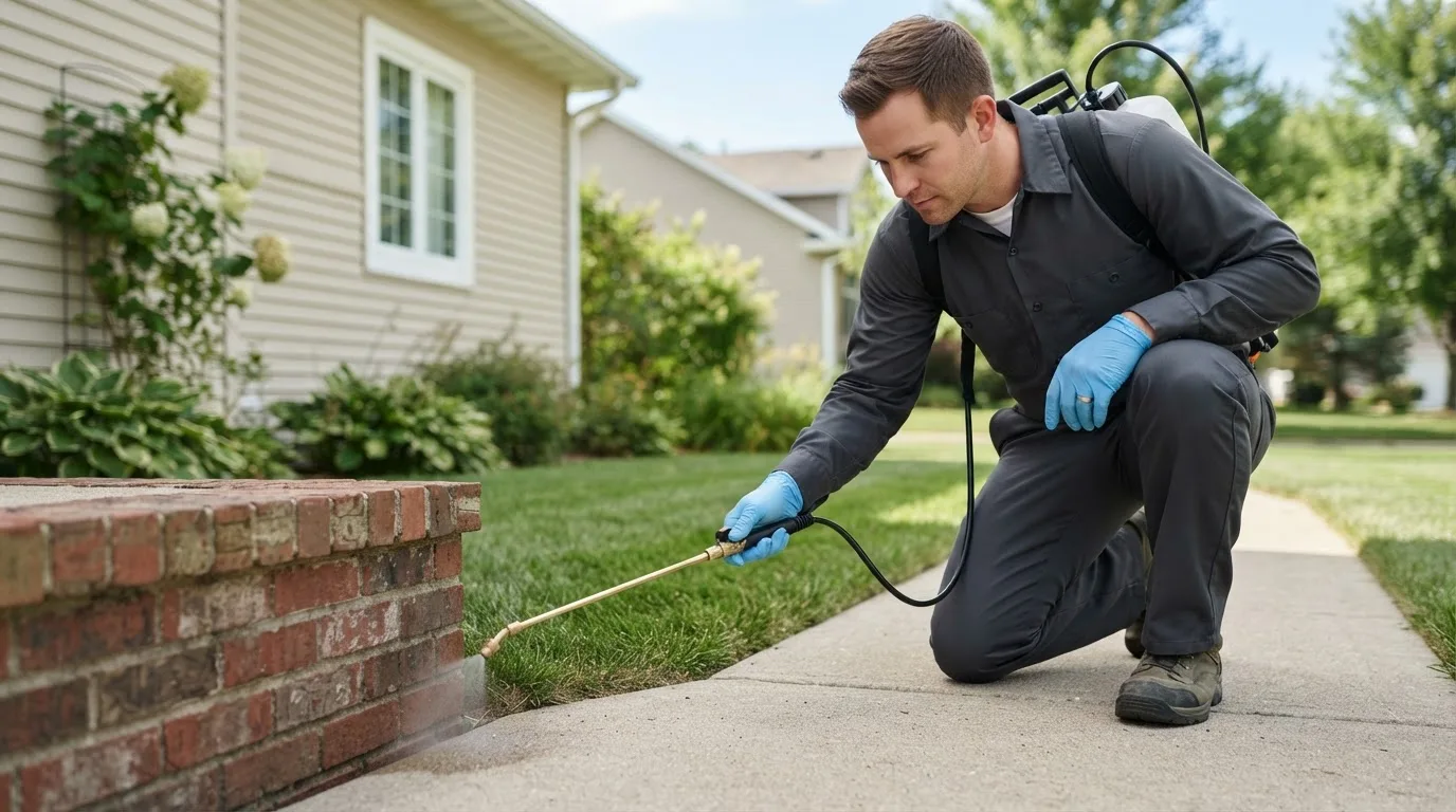 Pest control technician treating a home near Riegelsville, PA