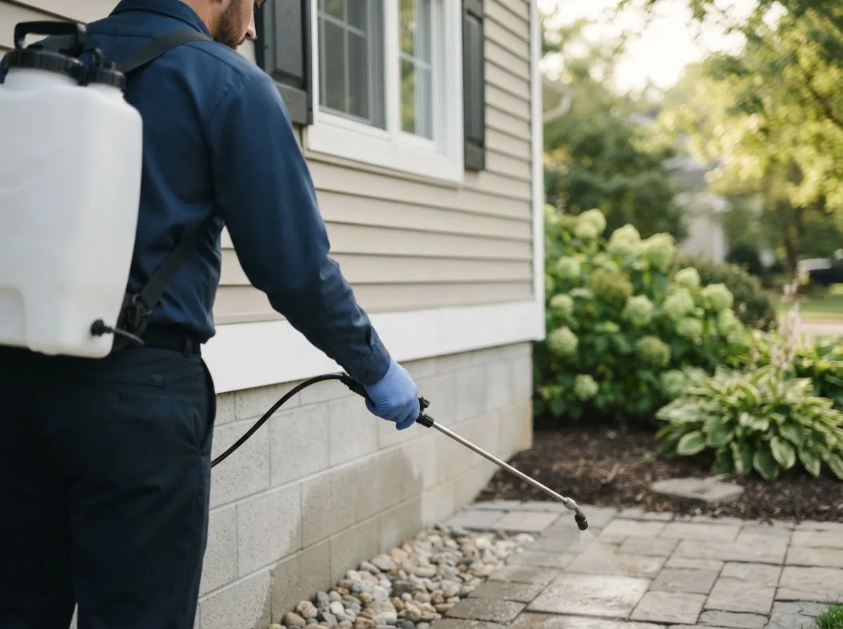 Pest control technician inspecting a home in Riegelsville, PA